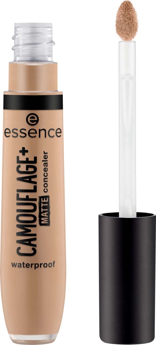 Een beige de kantstift met een zwarte dop, gemarkeerd als waterproof en matte, plus een applicator met sponsdop.