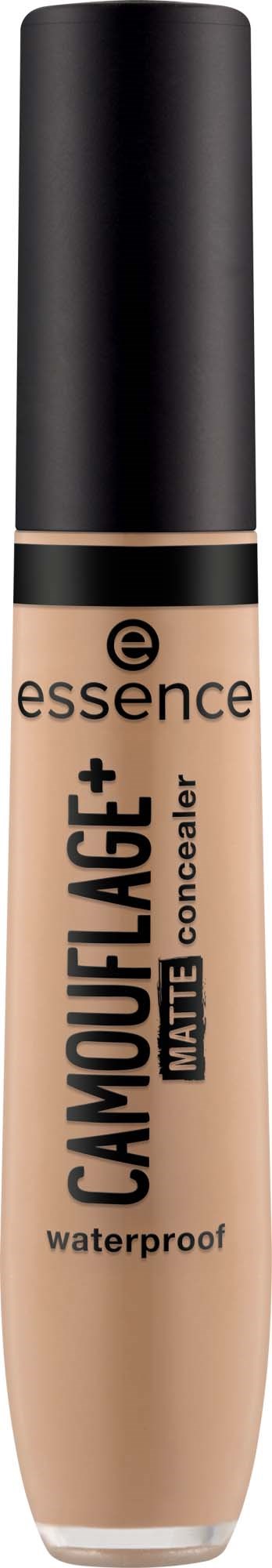 Een beige concealer met een zwarte dop, gemarkeerd essence Camouflage+ Matte, waterdicht, in een slanke tube.