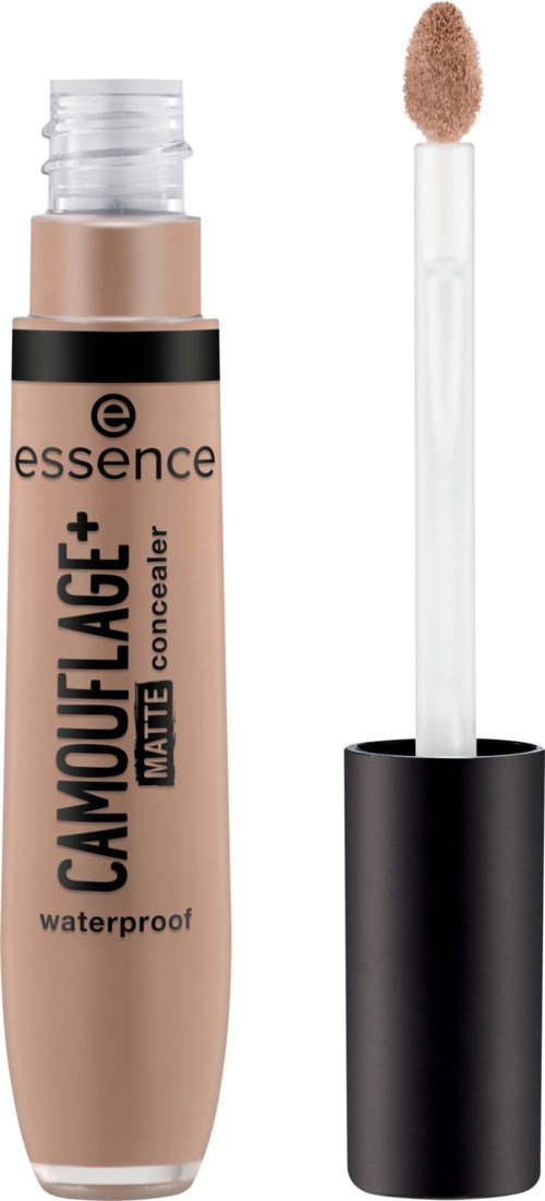 Concealer in a tube with a wand, labeled as matte and waterproof, used for hiding skin imperfections.