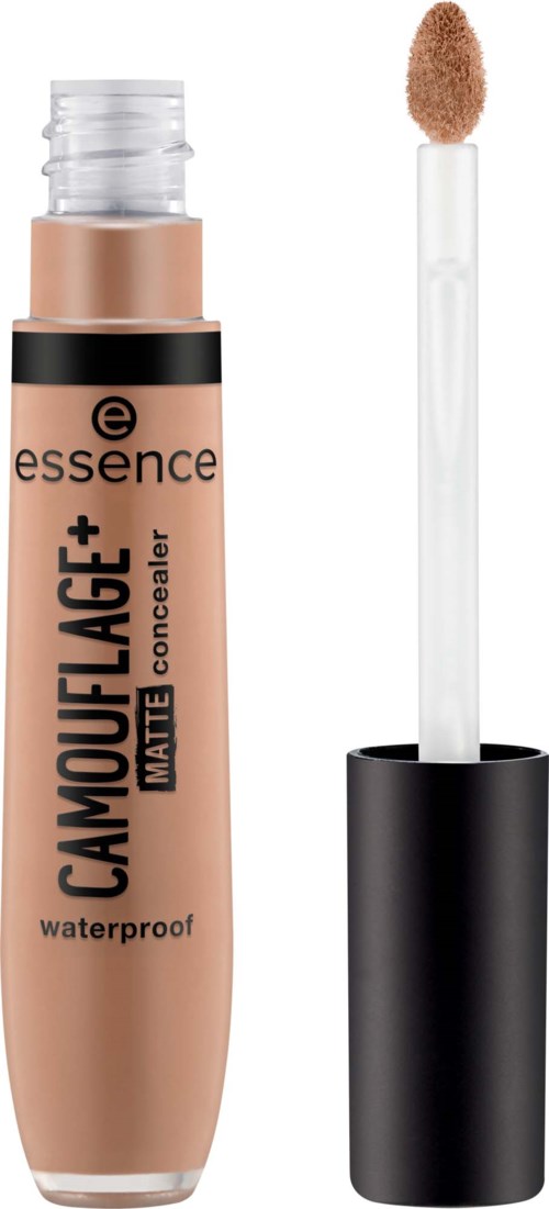 A beige liquid concealer in a tube with an applicator wand, labeled essence camouFLAGE+ for waterproof use.