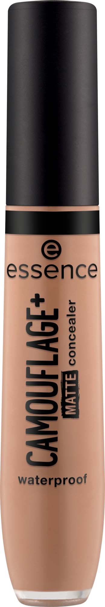 A concealer tube labeled Camouflage+ with matte finish, waterproof, from Essence brand, in beige color.