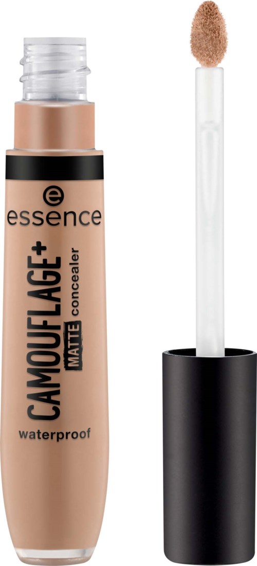 A waterproof concealer in a beige tube with a black cap, and a doe-foot applicator next to it.