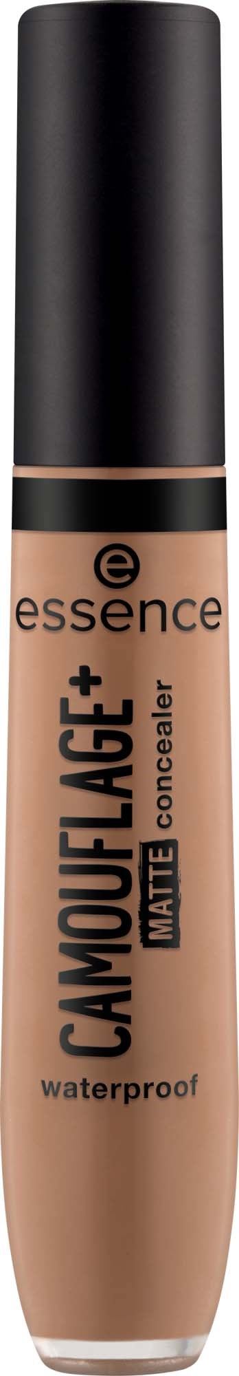 Een beige vloeibare concealer in een lange, slanke tube met een zwarte dop, gemarkeerd essence Camouflage+ Matt.