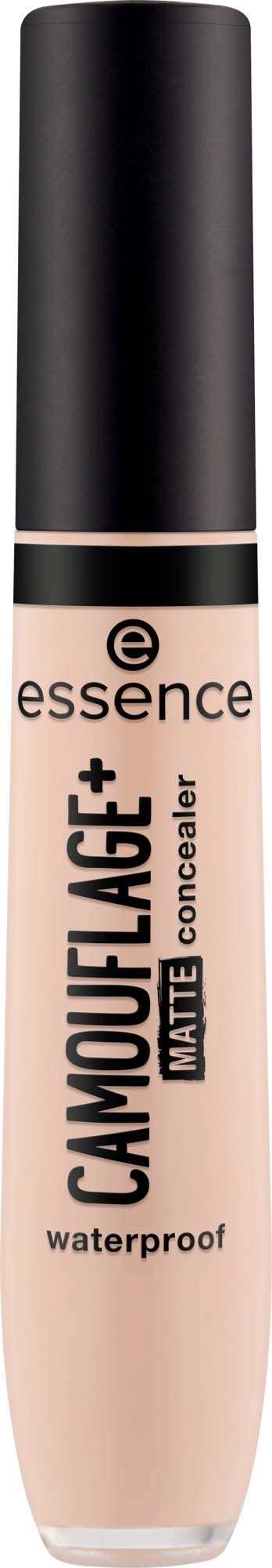 Een beige concealerhuls met een zwarte dop, gemarkeerd Essence Camouflage+ Matt voor waterproof dekking.