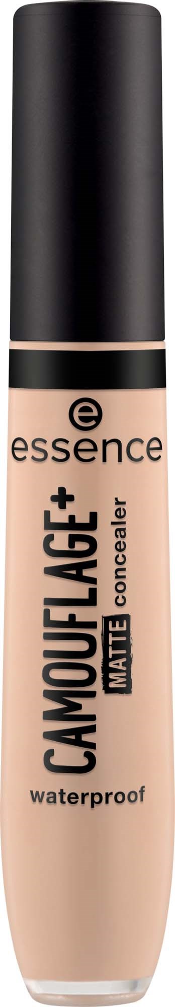 Beżowa tubka korektora z czarną zakrętką. Etykieta pokazuje markę Essence i nazwę produktu Camouflage+ Matte.