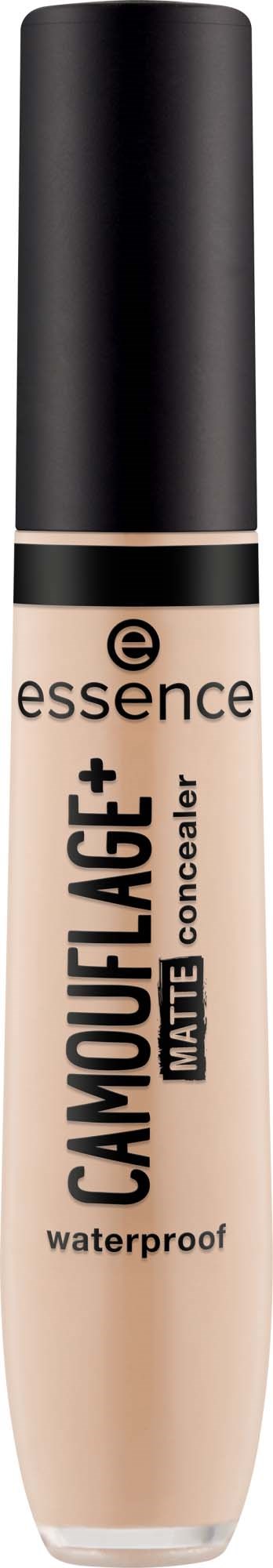 A beige liquid concealer in a clear tube with a black cap, labeled Essence Camouflage+ with waterproof and matte features.