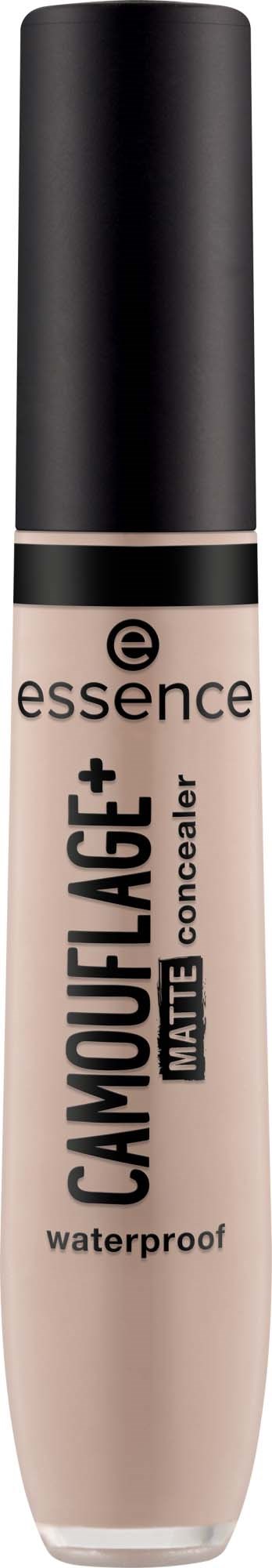 A beige concealer tube with black cap, labeled as waterproof and matt, by Essence.