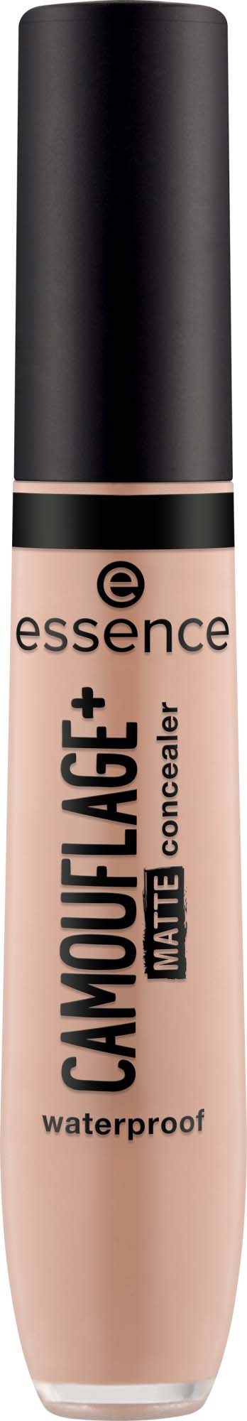 A beige concealer tube with a black cap, labeled Essence Camouflage+ Matte Waterproof.