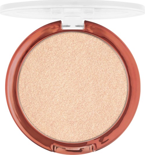 Een ronde compact met beige highlighter of geperst poeder in een koperkleurige behuizing.