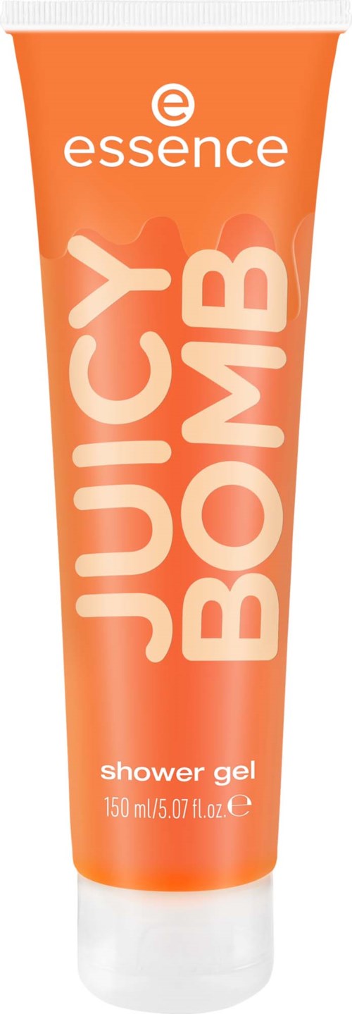 Orange brusetøjsgele flaske med hvid hætte, stor tekst med Juicy Bomb og Essence-logo øverst.