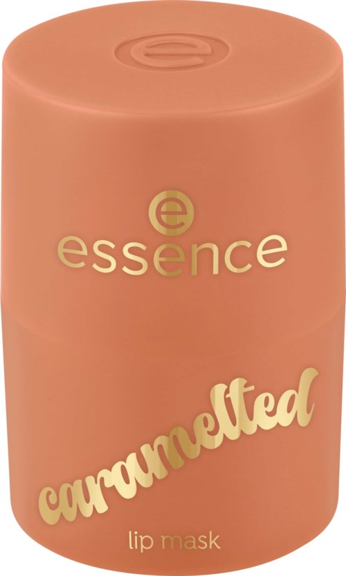 Orange cylindrical container with gold and cream text for essence caramelized lip mask.