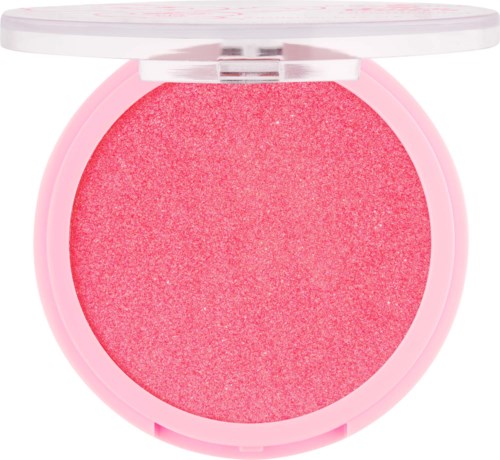 Rosafärgad blushkompakt med ett tydligt lock som visar den skimrande rosa pudret inuti.