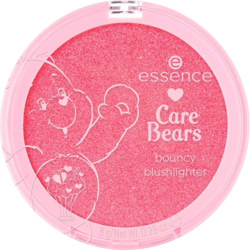 Rosa blush compact med en björnillustration och text för essence Care Bears bouncy blush.