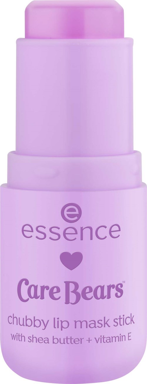 Ljuslila läppbalsam med Essence och Care Bears logotyper, märkt som chubby läppstift med shea smör och vitamin E.