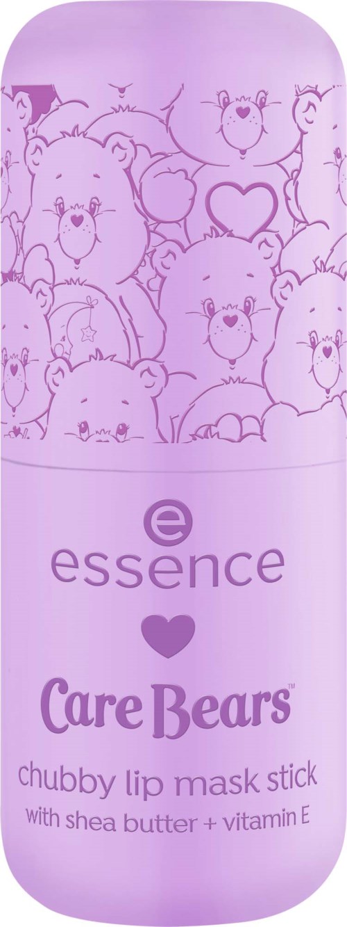 En lila läppstiftsstift med en design av söta björnmotiv, märkt Essence Care Bears tjock läppmaskstift med sheasmör och vitamin E.