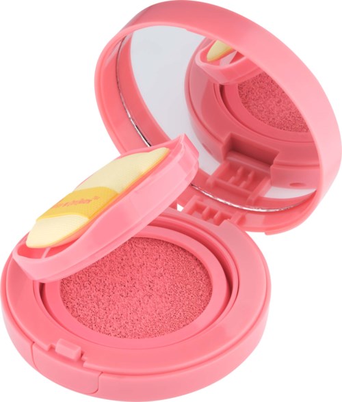 Rosa kompakt med spegel och svamp, innehållande persikofärgad blush.