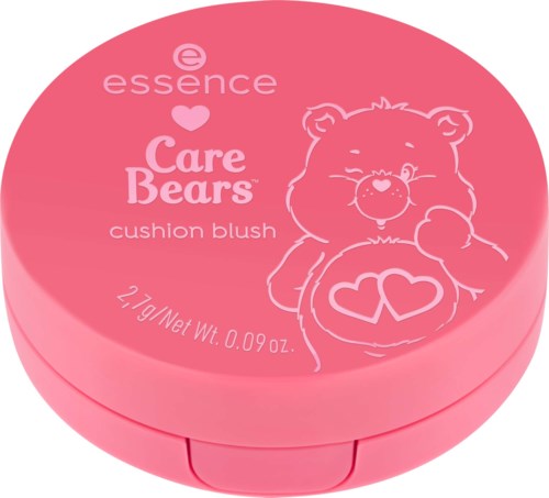 Rosa puderblushbehållare med björnbild och hjärtsymboler på locket.
