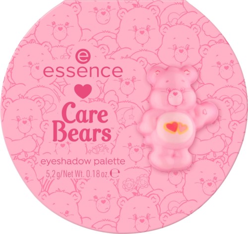 Rosa Lidschattenpalette mit Care Bears-Thema und einem Bärenförmigen Lidschattenapplikator.