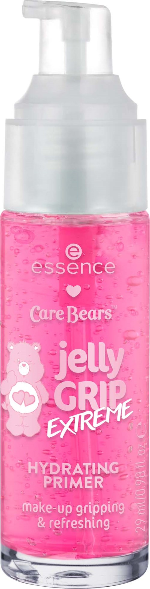 Różowa butelka z pompką, oznaczona Care Bears Jelly Grip Extreme nawilżającą baza pod makijaż.