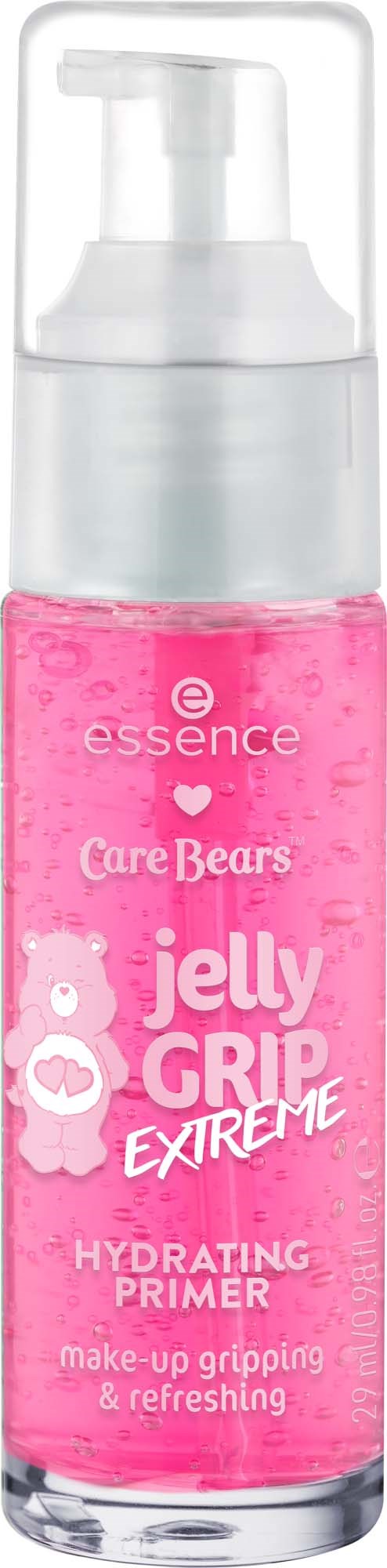 Różowa butelka z żelem Grip Extreme nawilżający baza z białą pompą. Widoczna nazwa marki Essence i logo Care Bears.