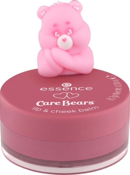 Roze beer-vormige pot met lip and cheek balm, onderdeel van Essence Care Bears collectie.