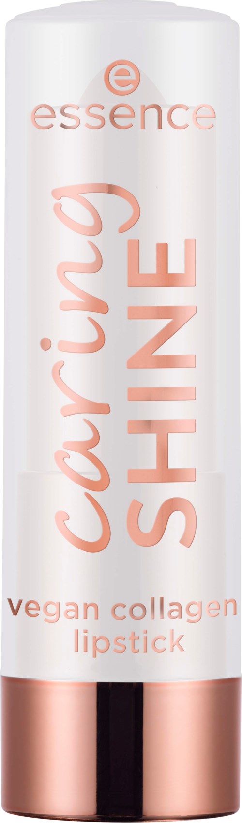 A white tube with rose gold accents, labeled 'Caring Shine' vegan collagen lipstick, by Essence.