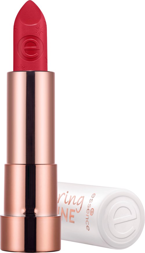A red lipstick in a rose gold tube, with the cap placed beside it. The lipstick has an 'e' embossed on it.