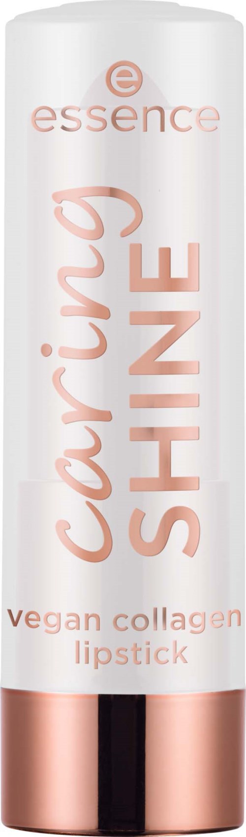 A white lipstick tube with rose gold accents. Text says 'Carving Shine' and 'vegan collagen lipstick'.