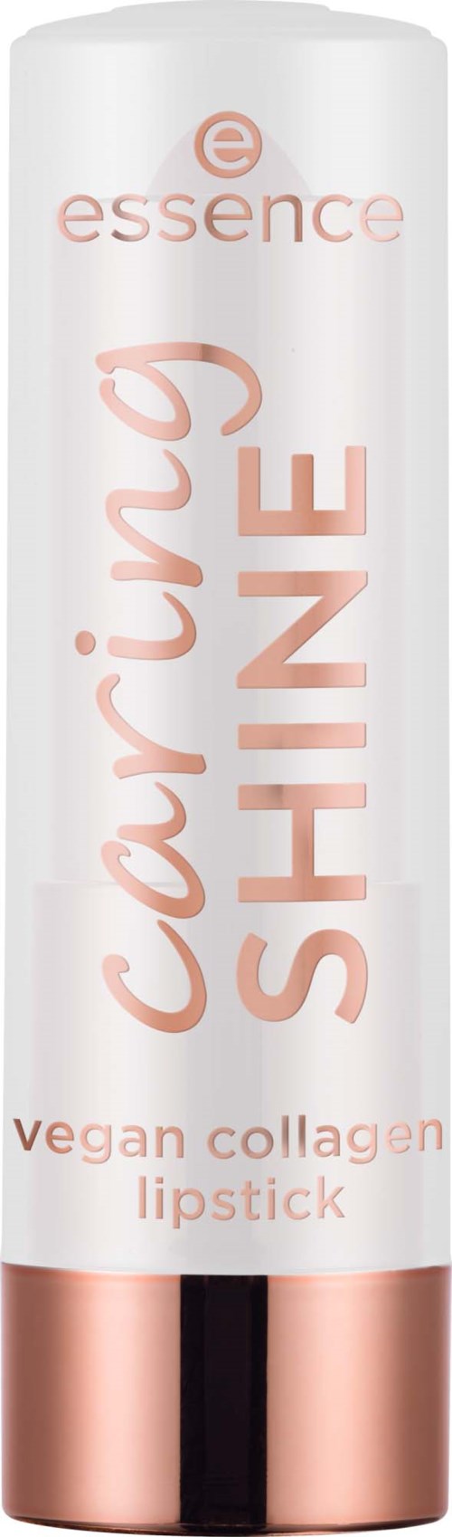 A white tube with rose gold cap, labeled 'Caring Shine' and 'vegan collagen lipstick'.