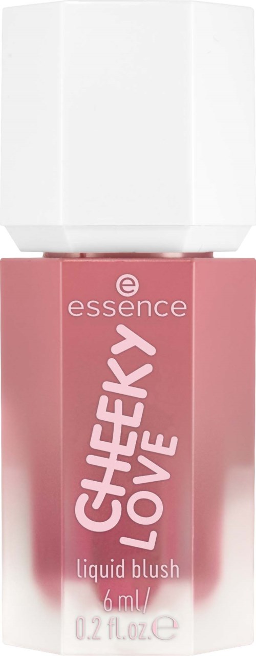 Liten rosa flaska märkt 'Cheeky Love' flytande blush från Essence med vit kork.