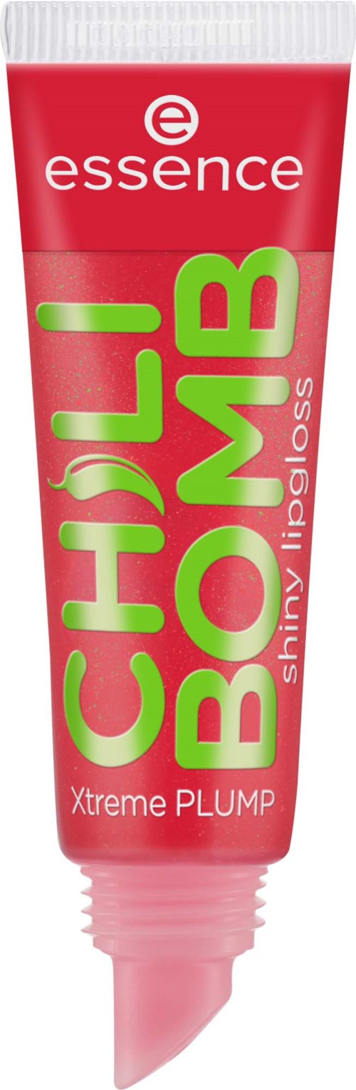 Rosa tube med lip gloss merket Chubby Bomb Xtreme Plump av Essence med lysegrønn og hvit tekst.