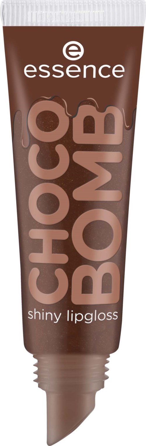 A chocolate-colored lip gloss tube with the words essence and chocobom. It is shiny and has a dark cap.