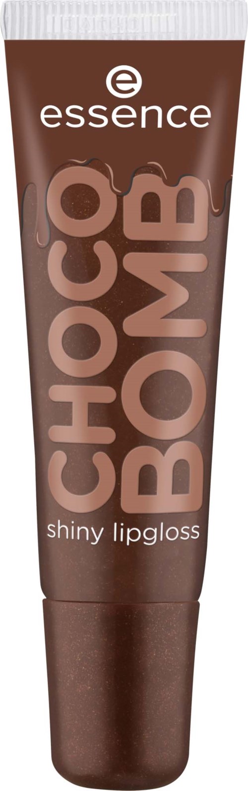 A brown tube labeled essence chocolabomb shiny lipgloss with large pink and white text.