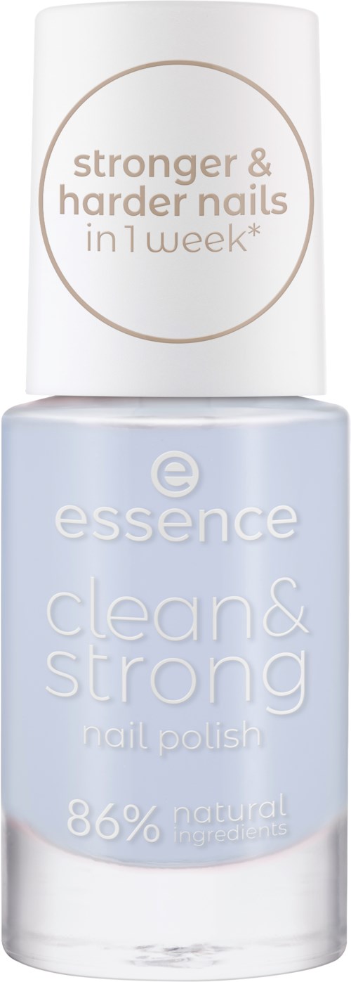 En nagellackflaska märkt 'clean & strong' med 86 % naturliga ingredienser och en vit kork som säger 'stronger & harder nails in 1 week.'