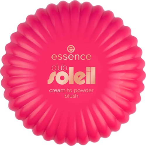 Rosa sirkulær beholder med ruflete kant, står essence club soleil cream to powder blush i midten.
