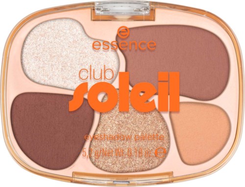 Ein Lidschatten-Palette mit fünf verschiedenen Farben, mit schimmernden und matten Tönen, Markenname Soleil.