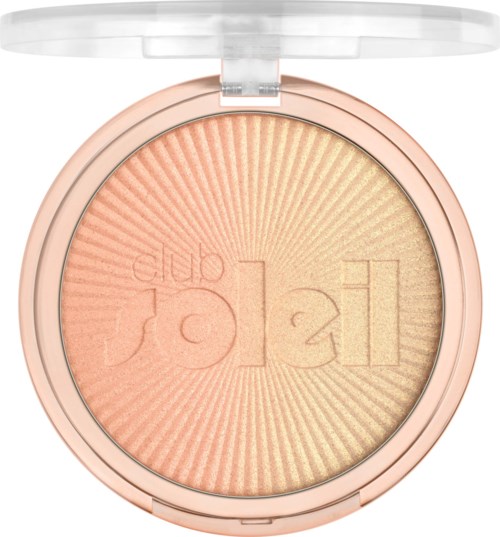 A round makeup compact with two shades of highlighter and a clear flip-up lid.