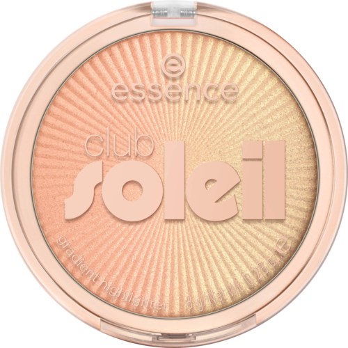 A compact with two shades of makeup, pink and yellow, and the words essence and club soleil on the lid.