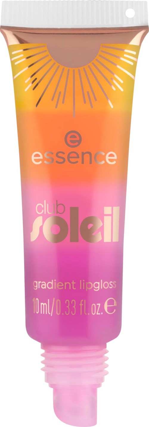 Een lipglossbuis met oranje, geel en roze kleuren, gelabeld essence club soleil, en zonnestralen ontwerp.