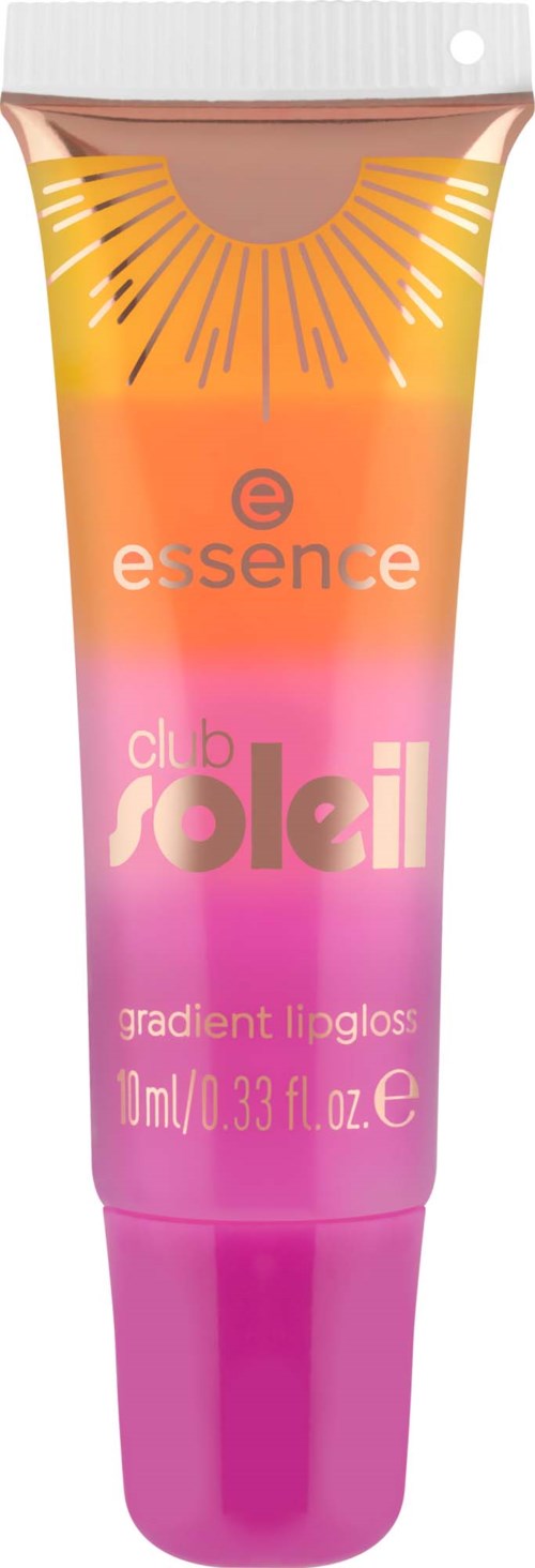 Lipgloss tube met zon en roze-oranje verloop, gemarkeerd essence club soleil, 10 ml.