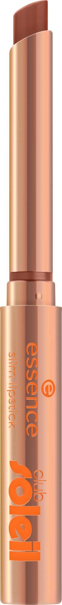 Ein brauner Lippenstift mit glänzendem, metallicartigem Oberteil und orangefarbenem Text auf dem Körper. Es steht aufrecht.