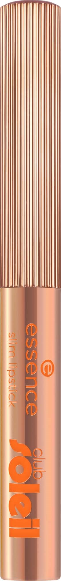 Ein roségoldfarbener Metall-Lippenstift mit geriffelter Kappe. Markenname und Logo auf der Tube.