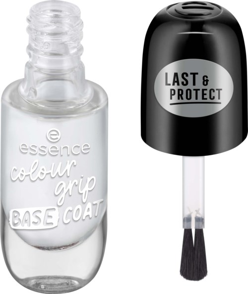 A clear nail polish bottle and a black base coat with a brush are shown, used for nail protection and decoration.