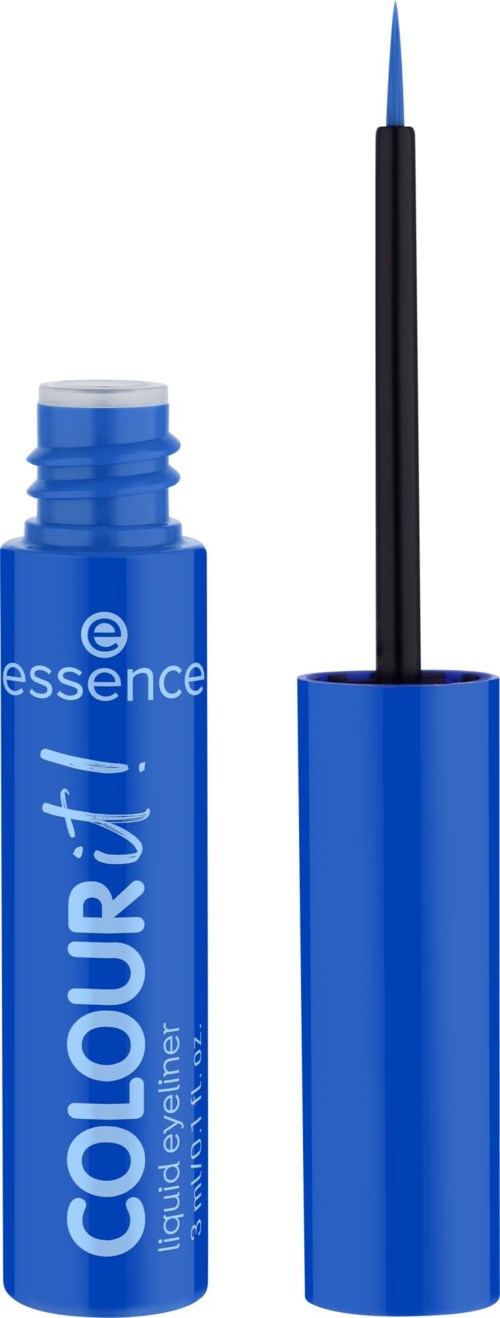 A blue liquid eyeliner with a black brush applicator and a blue cap.