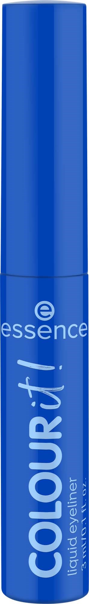 A blue cylindrical tube with the words 'COLOUR+!' and 'essence' printed on it, likely a cosmetic product.