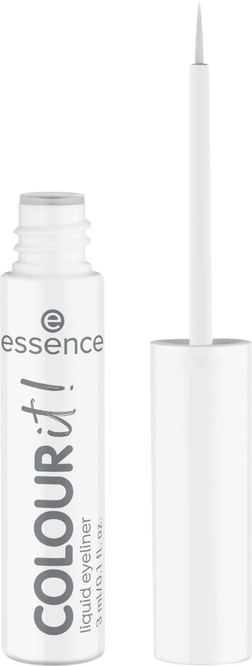 Valkoinen nestemäinen eyeliner pienessä pullossa, jossa sivellin.