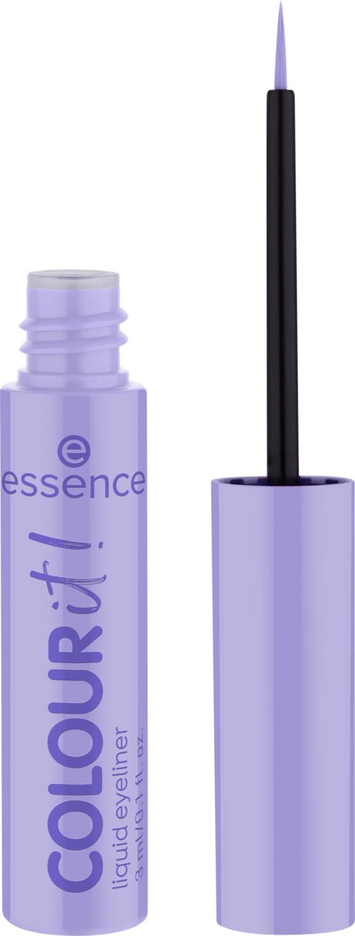 Violetti rulla nestekynällä, jossa on harja nestemäiselle eyelinerille, ja korkki on irrotettu.