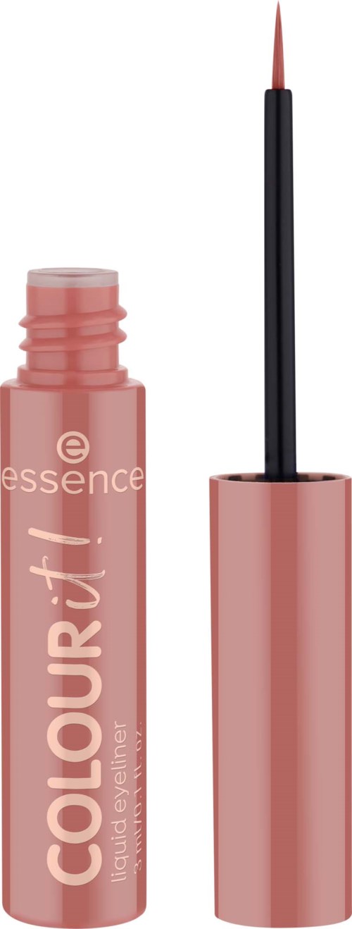 Lip gloss tube with a black applicator wand and pink packaging that says Colour It! Essence.