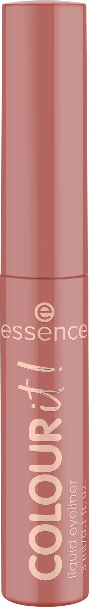 A pink tube labeled essence Colour It! liquid eyeliner on a black background.