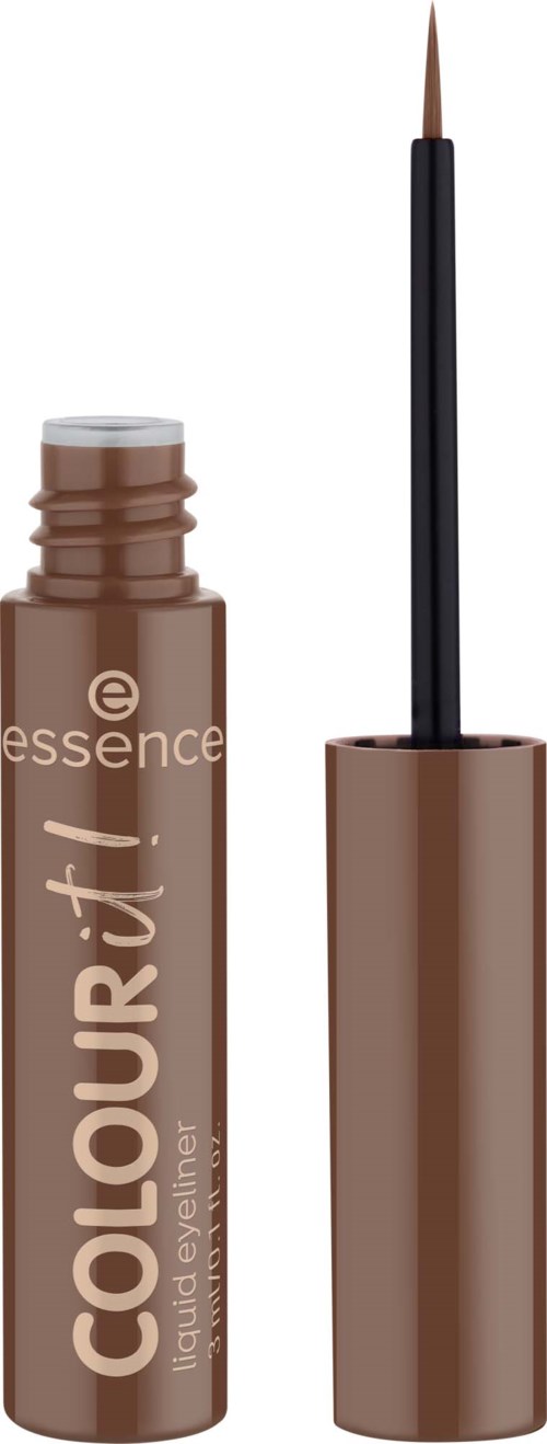 A brown liquid eyeliner tube with the applicator brush extended, showing the open cap.
